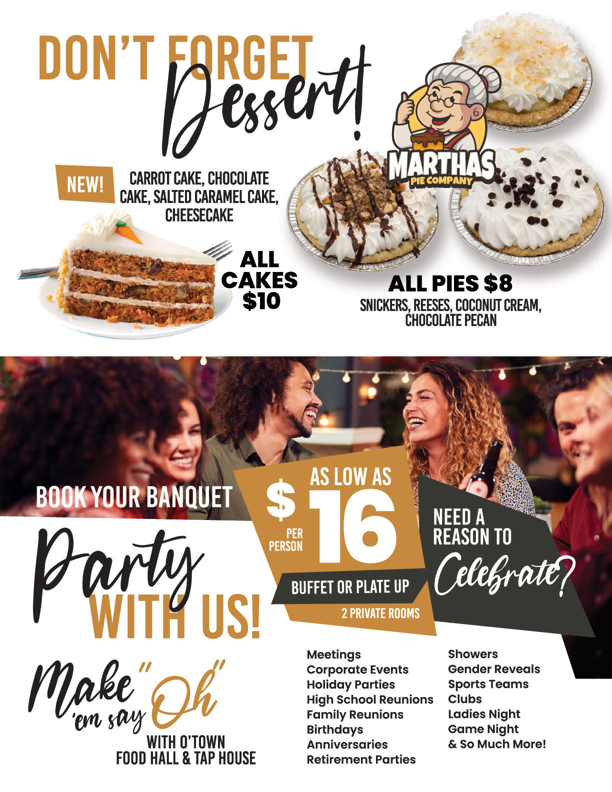 O'Town Food Hall & Tap House Desserts, Banquet & Party Room Menu