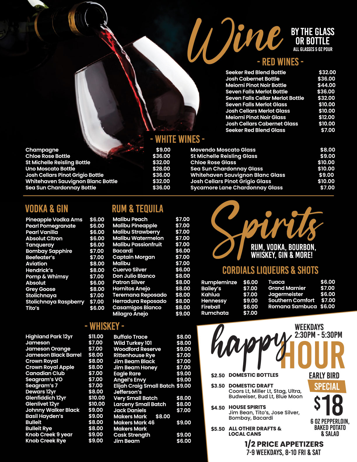 O'Town Food Hall & Tap House Red and White Wine, Spirit and Liquor Menu